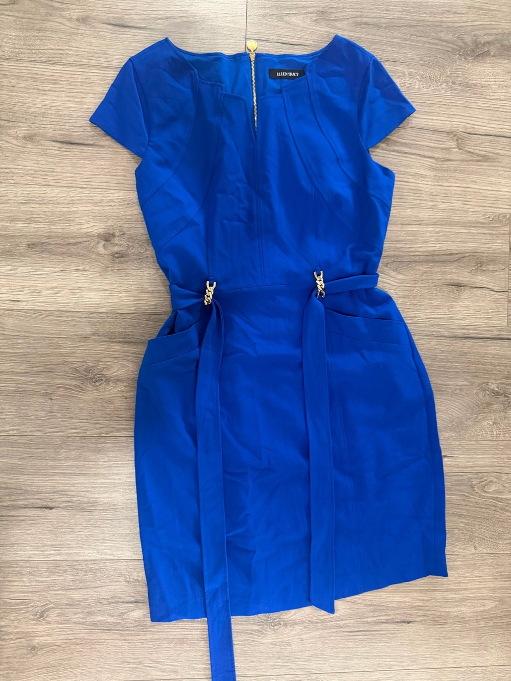 Ellen Tracy Blue Cap-Sleeve Sheath Dress with Gold Accents